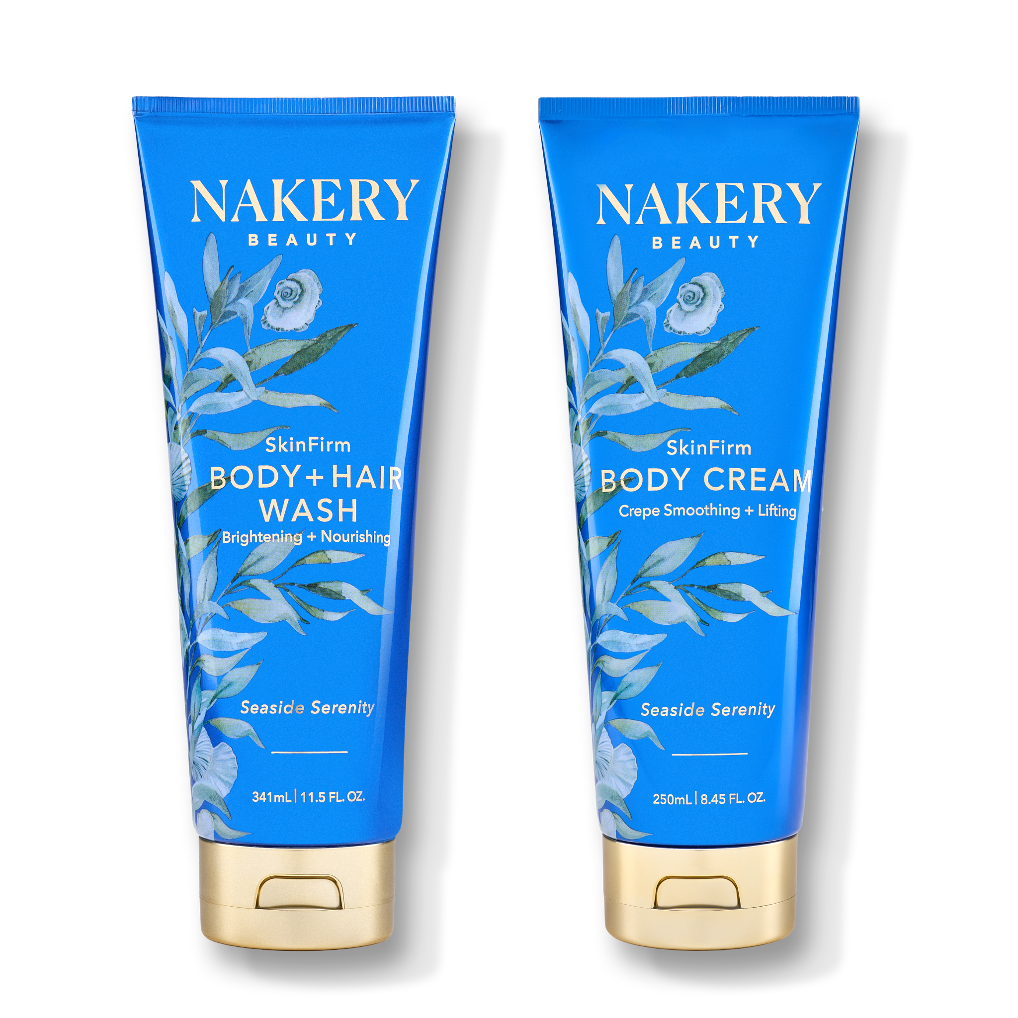 Two blue tubes of NAKERY BEAUTY SeaSido Serenity Body + Hair Wash and Body Cream side by side on a white background.