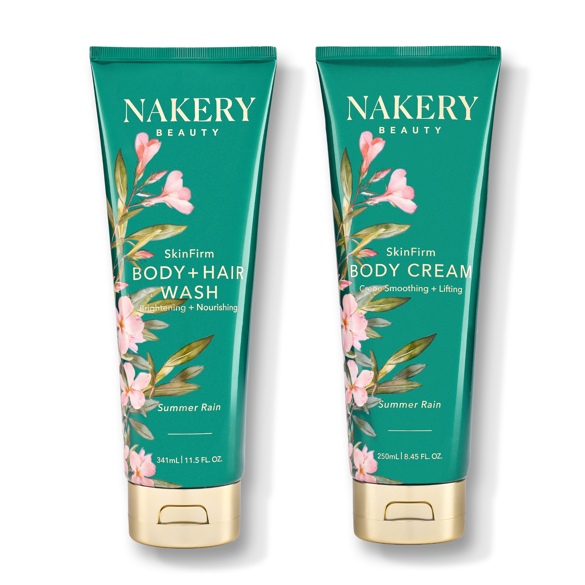 Two tubes of NAKERY BEAUTY SkinFirm Body + Hair Wash and Body Cream in the &