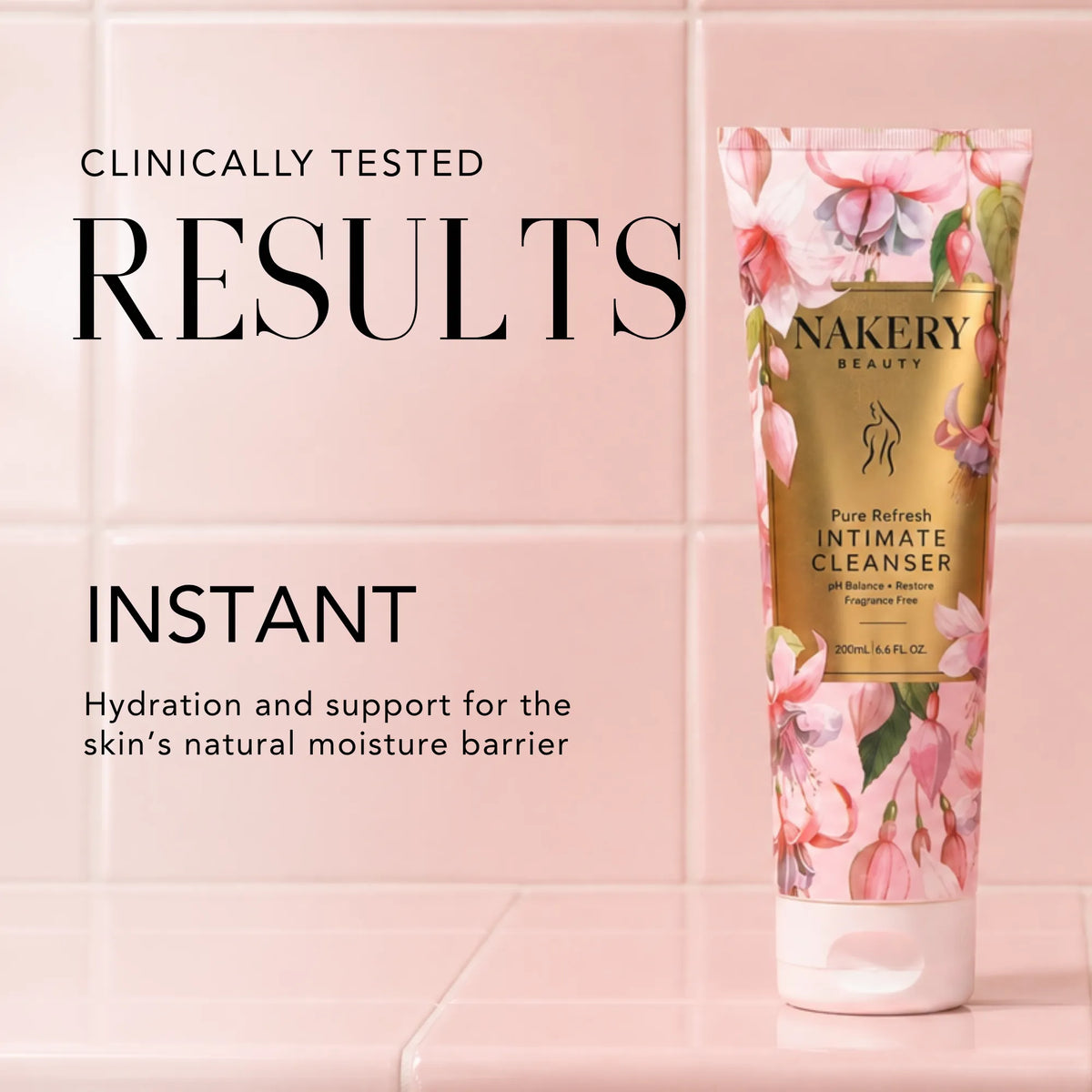 Nakery Beauty Pure Refresh Intimate Cleanser highlighting clinically tested hydration and support for the skin’s natural moisture barrier.