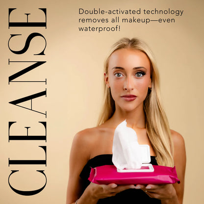 Woman wearing full makeup before cleansing with SkinInfusion Plump + Hydrate Cleansing Wipes