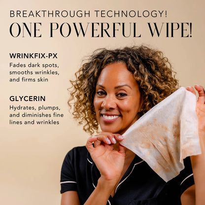 Model holding a makeup-stained SkinInfusion Plump + Hydrate Cleansing Wipe with “One Powerful Wipe” messaging and WrinkleFix-PX and glycerin product