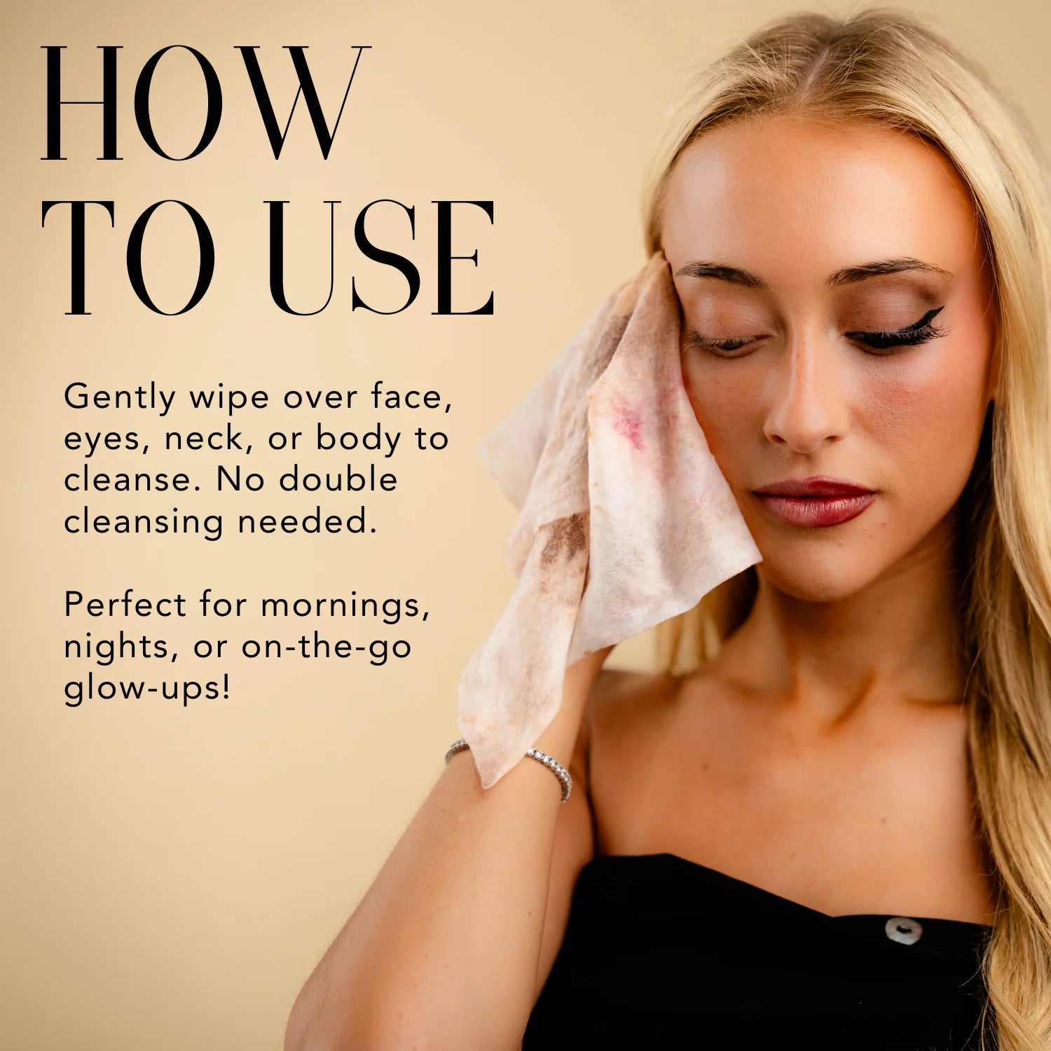Model using SkinInfusion Plump + Hydrate Cleansing Wipes on her face, eyes, neck, and body.