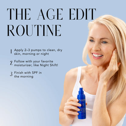 Model holding Nakery Beauty The Age Edit Time Erasing Serum while touching her face, with instructions to apply 2–3 pumps, follow with moisturizer, and use SPF in the morning.