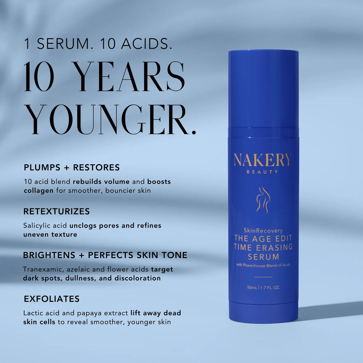 Nakery Beauty The Age Edit Time Erasing Serum featuring a 10-acid blend designed to plump, restore volume, retexturize, brighten, and exfoliate skin.