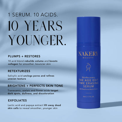 Nakery Beauty The Age Edit Time Erasing Serum featuring a 10-acid blend designed to plump, restore volume, retexturize, brighten, and exfoliate skin.
