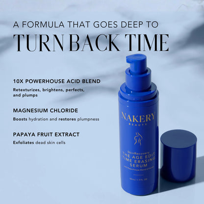 Nakery Beauty The Age Edit Time Erasing Serum with a 10-acid blend, magnesium chloride, and papaya fruit extract to hydrate, plump, brighten, and exfoliate skin.