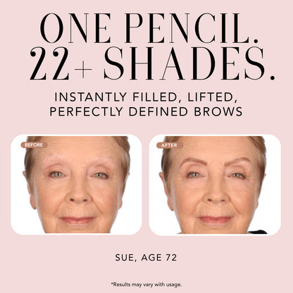 Before-and-after comparison showing Nakery Beauty Instant Brow Filler creating fuller, lifted, and more defined brows.