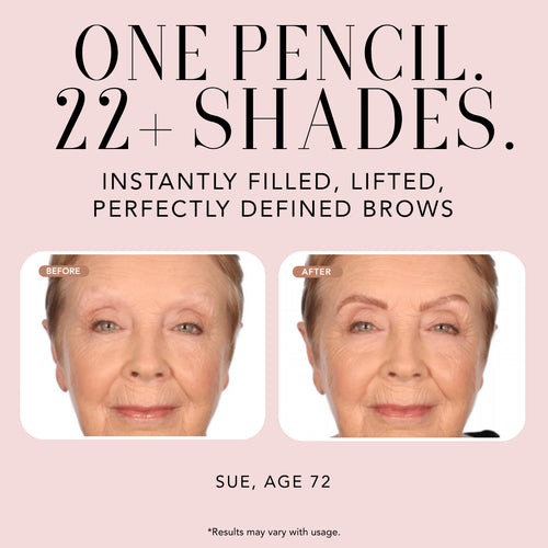 Before-and-after comparison showing Nakery Beauty Instant Brow Filler creating fuller, lifted, and more defined brows.