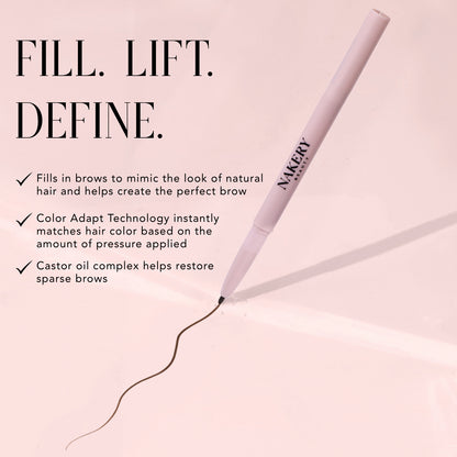 Nakery Beauty Instant Brow Filler pencil highlighting natural-looking brow filling, Color-Adapt Technology, and castor oil complex.