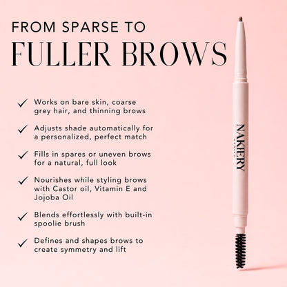Nakery Beauty Instant Brow Filler dual-ended pencil with spoolie, designed to fill sparse brows, adapt to hair color, nourish, shape, and define.