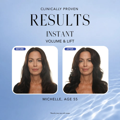Before-and-after comparison showing increased hair volume and lift after using Nakery Beauty Bombshell Burst Hair Styling Foam.