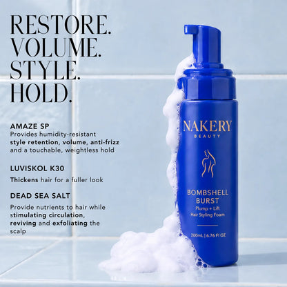Nakery Beauty Bombshell Burst Hair Styling Foam highlighting Amaze SP, Luviskol K30, and Dead Sea Salt for volume, style retention, and fuller-looking hair.