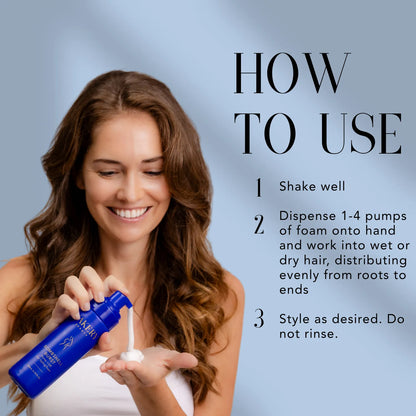 Woman dispensing Nakery Beauty Bombshell Burst Hair Styling Foam into her hand with instructions to apply evenly from roots to ends and style without rinsing.