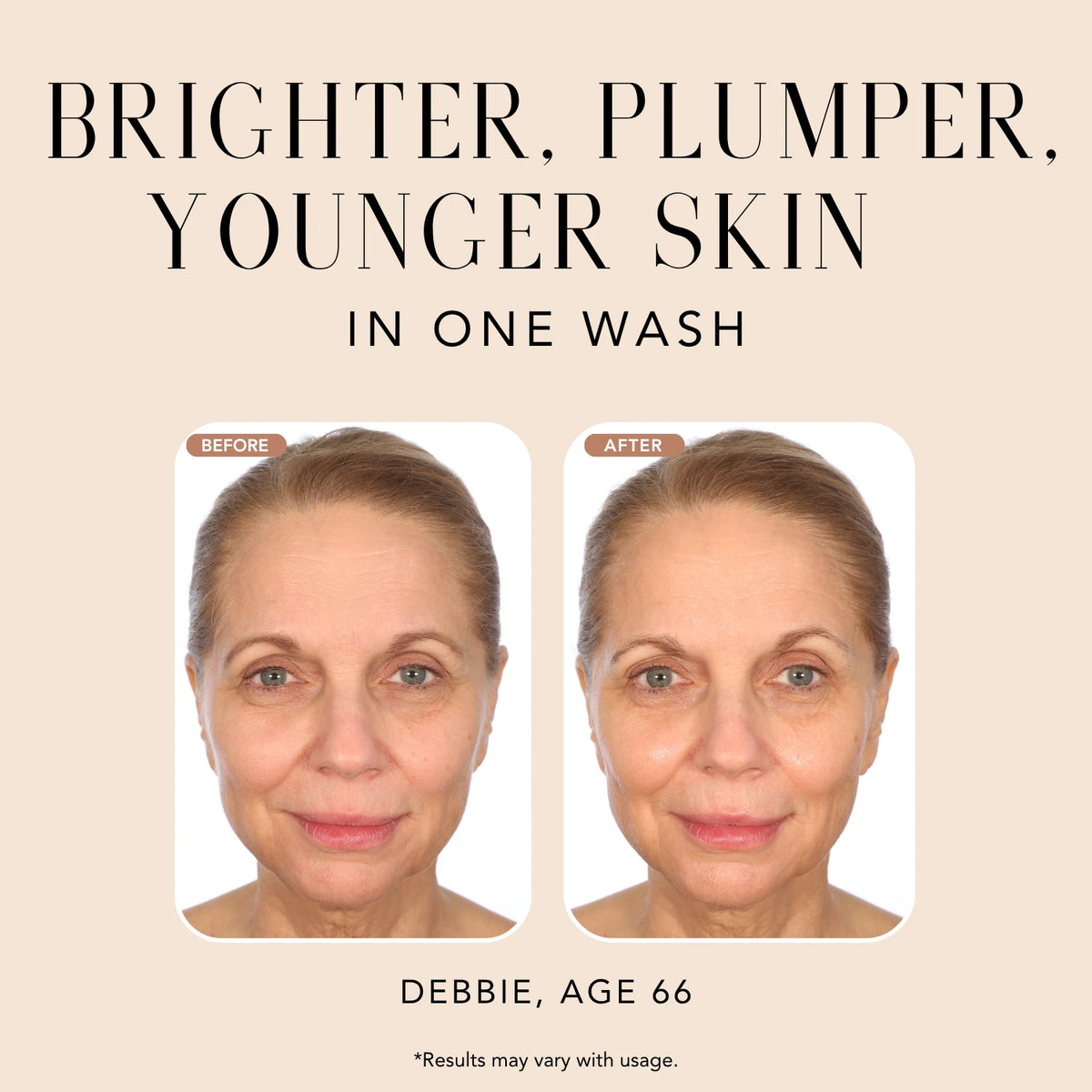 Before-and-after comparison of a woman after using Nakery Beauty Instant Reset Collagen Cleanser, showing brighter, plumper, younger-looking skin after one wash.