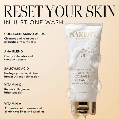Nakery Beauty Instant Reset Collagen Cleanser covered in cleansing bubbles, highlighting collagen amino acids, AHA blend, salicylic acid, vitamin C, and vitamin A.