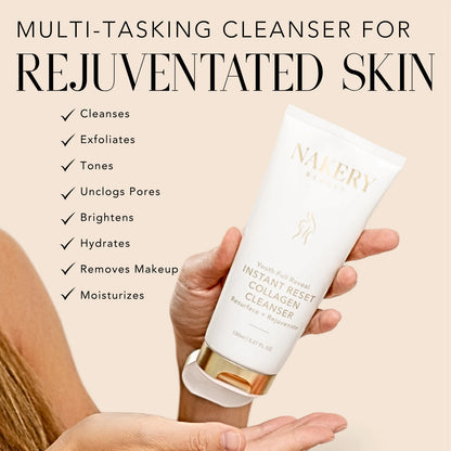 Woman holding Nakery Beauty Instant Reset Collagen Cleanser, a multitasking formula that cleanses, exfoliates, tones, unclogs pores, brightens, hydrates, removes makeup, and moisturizes.