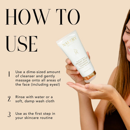 Woman holding Nakery Beauty Instant Reset Collagen Cleanser with instructions to massage a dime-sized amount onto the face, rinse with water or a damp cloth, and use as the first skincare step