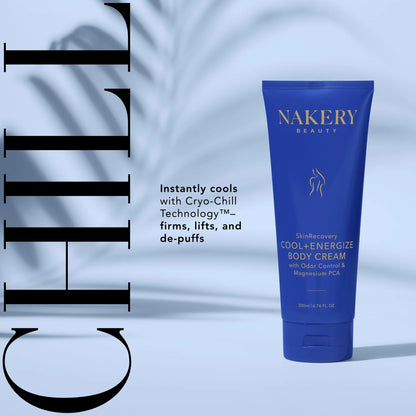 Nakery Beauty Cool + Energize Body Cream featuring Cryo-Chill Technology to instantly cool, firm, lift, and de-puff skin.