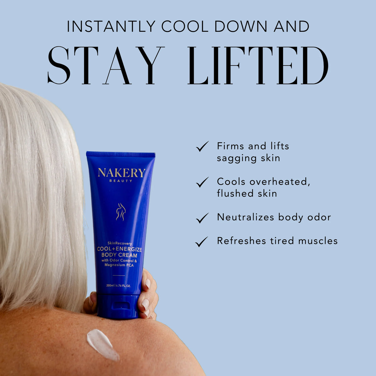 Woman holding Nakery Beauty Cool + Energize Body Cream, formulated to firm and lift skin, cool overheated skin, neutralize body odor, and refresh tired muscles.