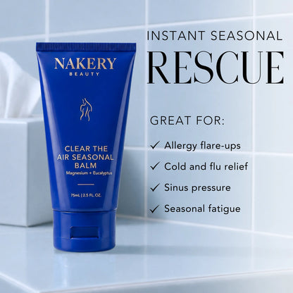Nakery Clear the Air Seasonal Balm presented as seasonal support for allergy flare-ups, cold and flu discomfort, sinus pressure, and seasonal fatigue.