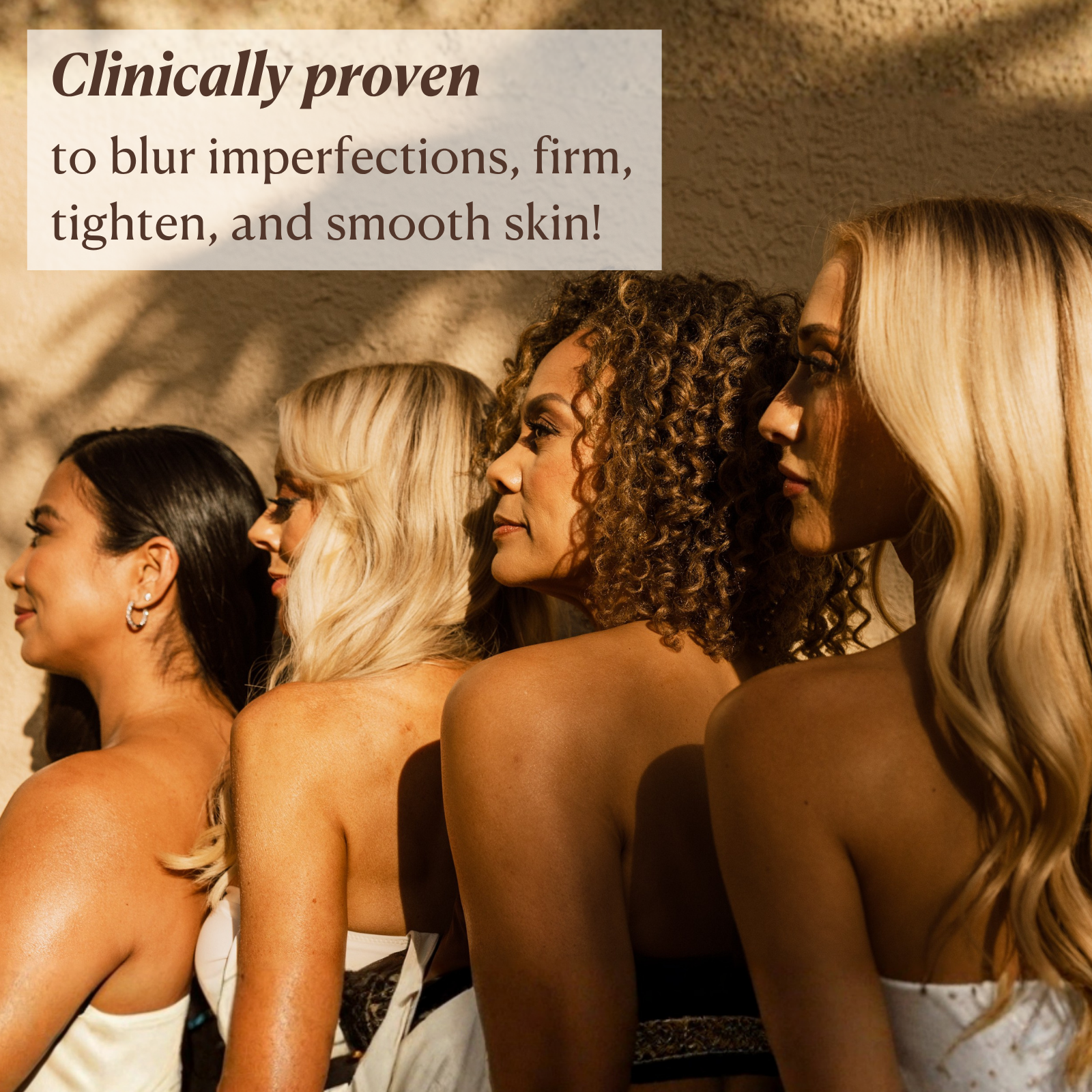 Four women with different hair colors and styles standing close together, with text claiming skin improvement benefits from Beach Glow Balm.