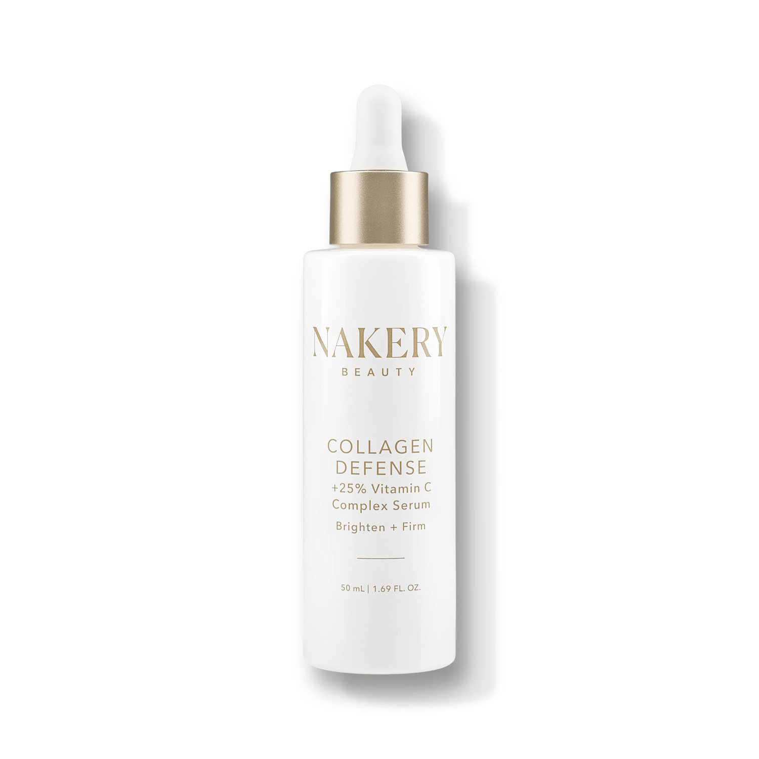 A white skincare bottle with a gold collar and white dropper cap &