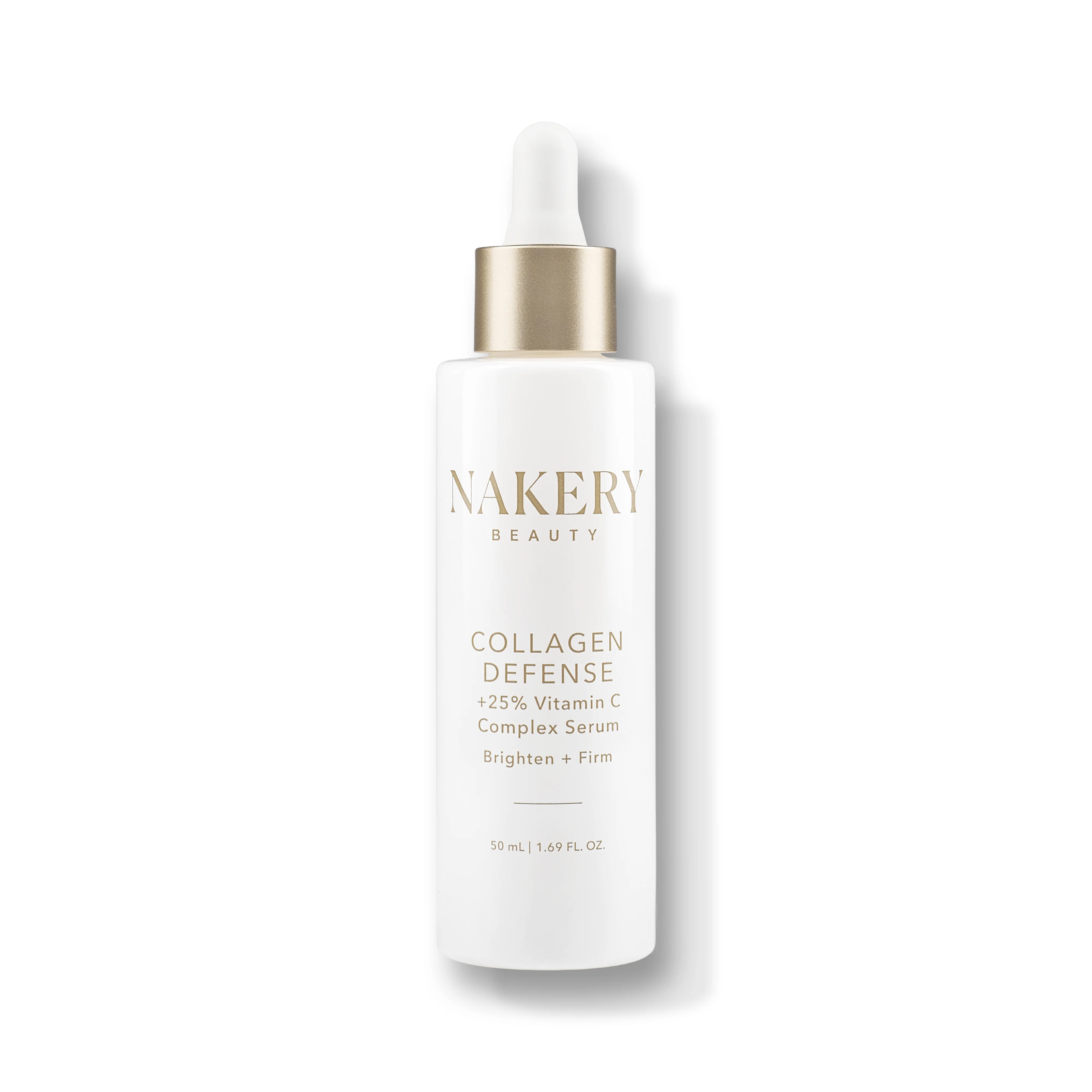 A white skincare bottle with a gold collar and white dropper cap &