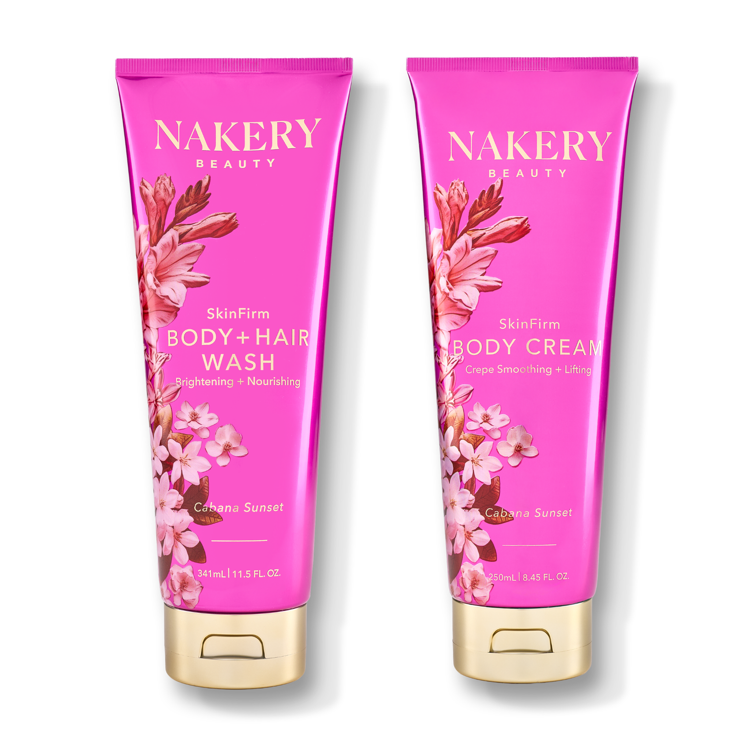 Two pink tubes of Nakerly Beauty body and hair care products, SkinFirm Body + Hair Wash and SkinFirm Body Cream, with gold caps and floral graphics, on a white background.