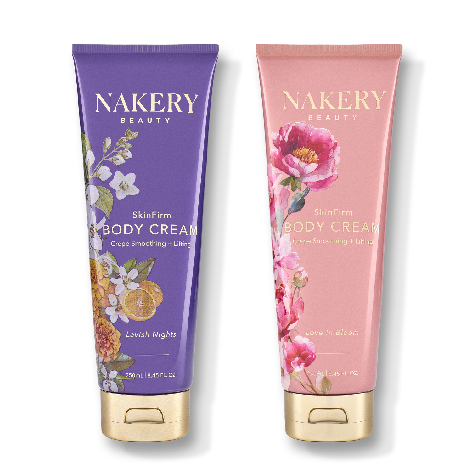Two tubes of NAKERY BEAUTY SkinFirm Body Cream shown side by side on a white background. The left tube is purple with white and gold text and floral illustrations, labeled &
