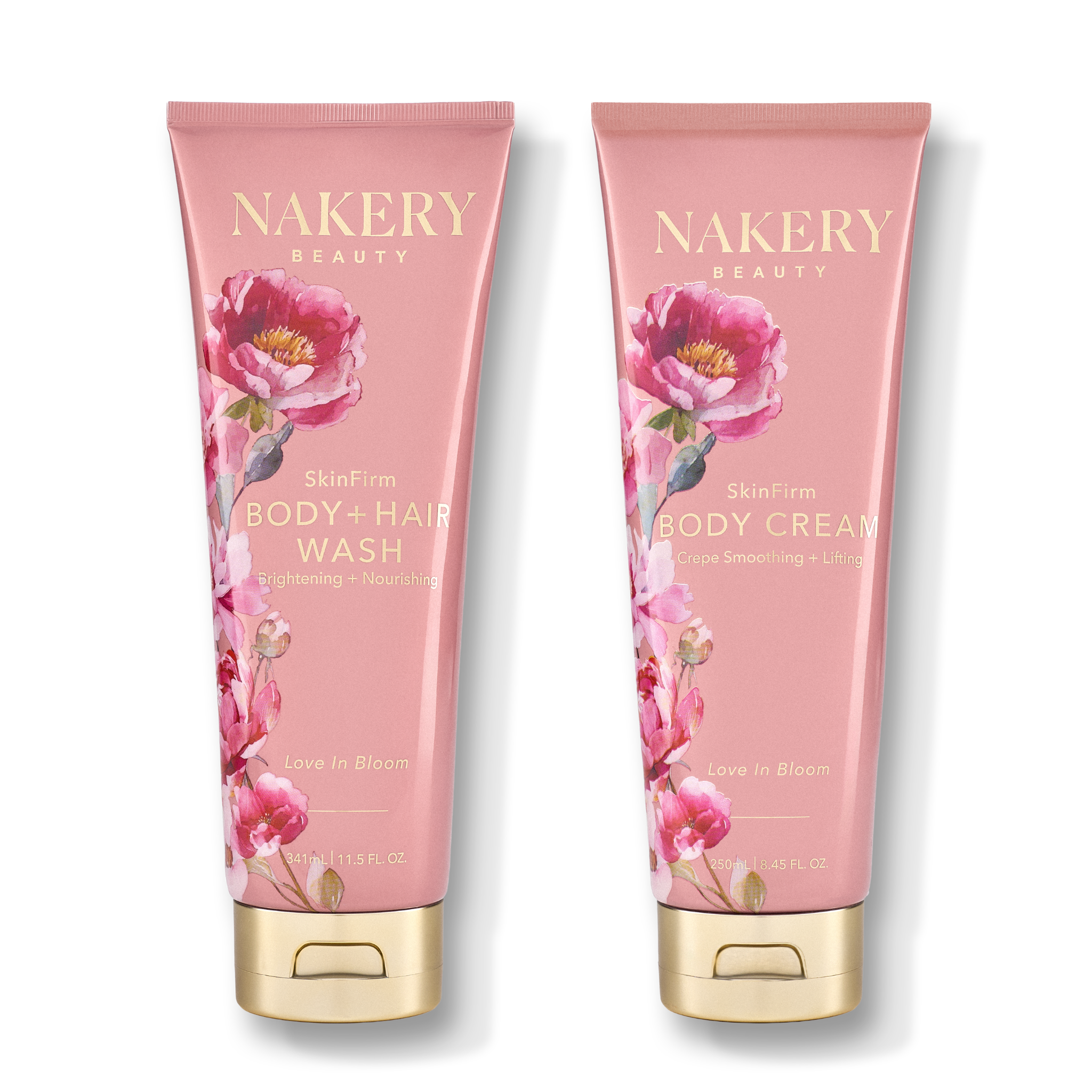 Two pink skincare tubes from NAKERY BEAUTY on a white background. The left tube is labeled &