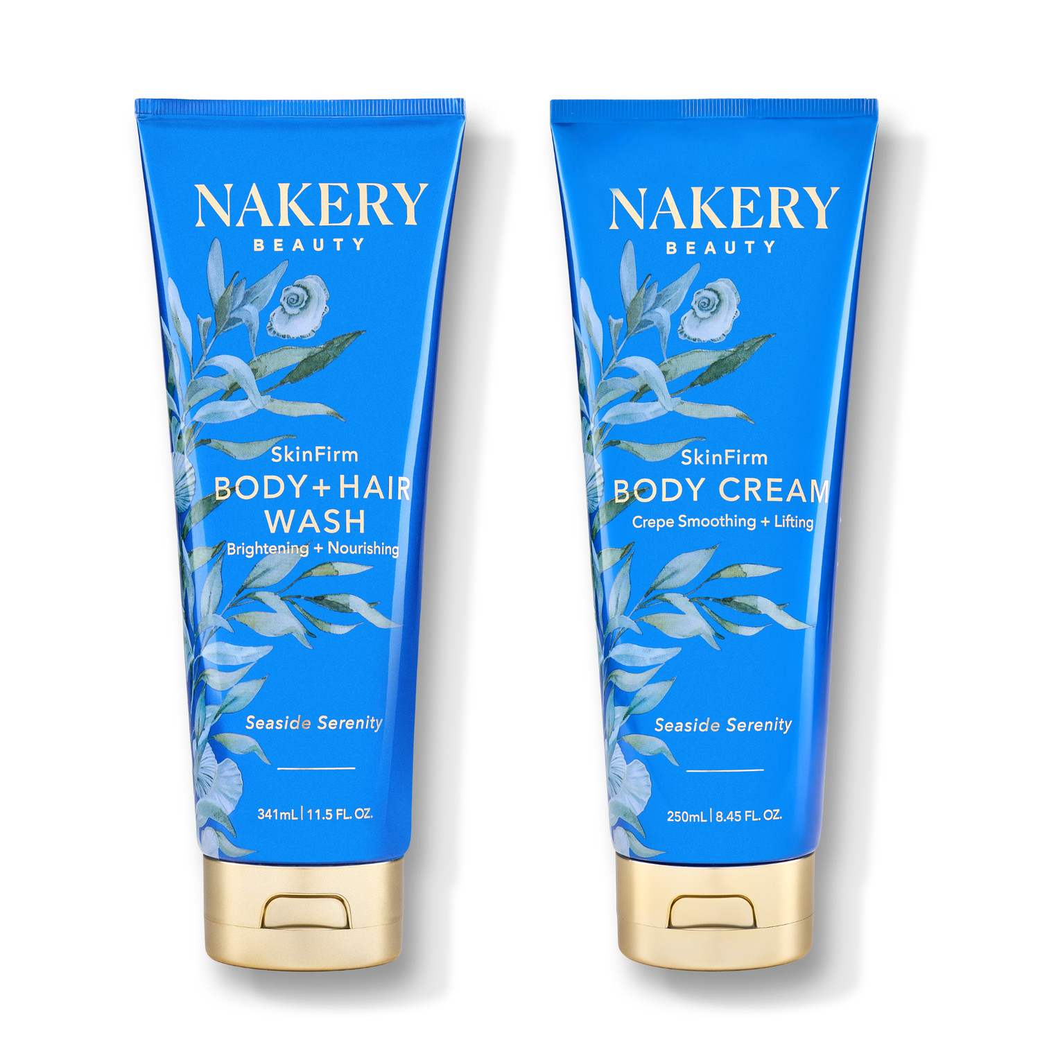 Two blue tubes of NAKERY BEAUTY SeaSido Serenity Body + Hair Wash and Body Cream side by side on a white background.