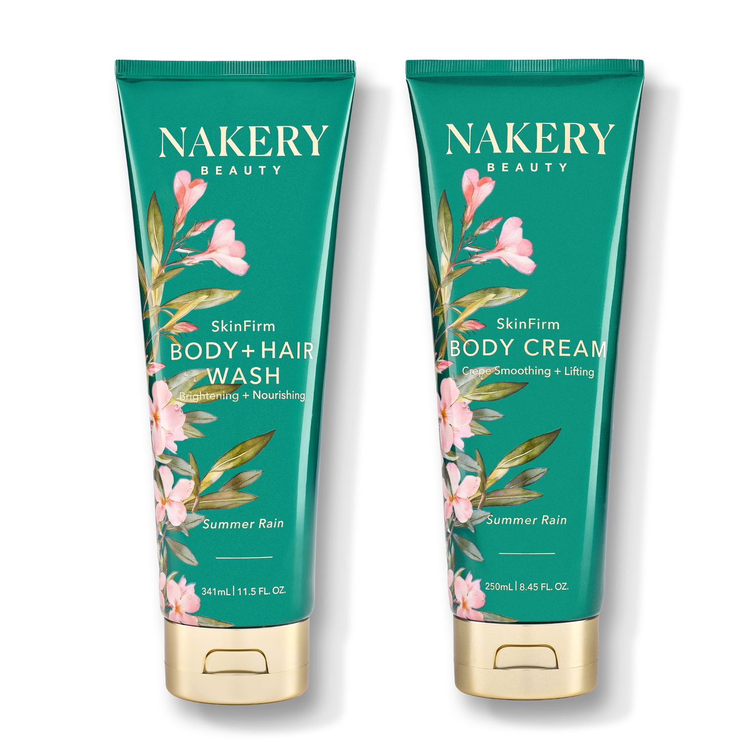 Two tubes of NAKERY BEAUTY SkinFirm Body + Hair Wash and Body Cream in the &