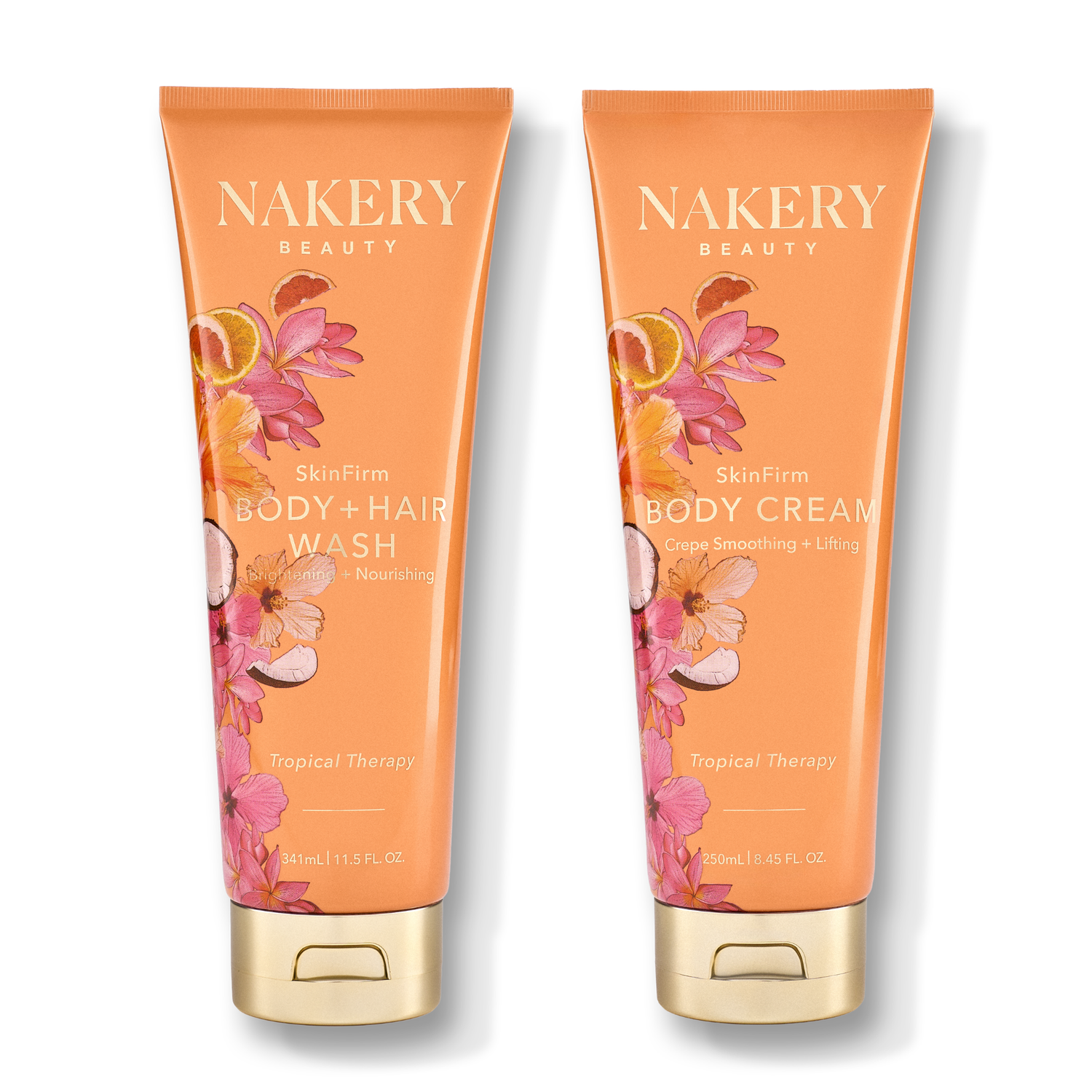 Two orange skincare tubes from NAKERY BEAUTY, labeled &