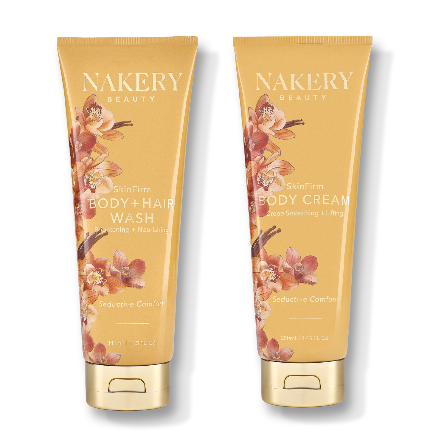 Two gold cosmetic tubes from NAKERY BEAUTY, shown side by side on a white background. The left tube is labeled &