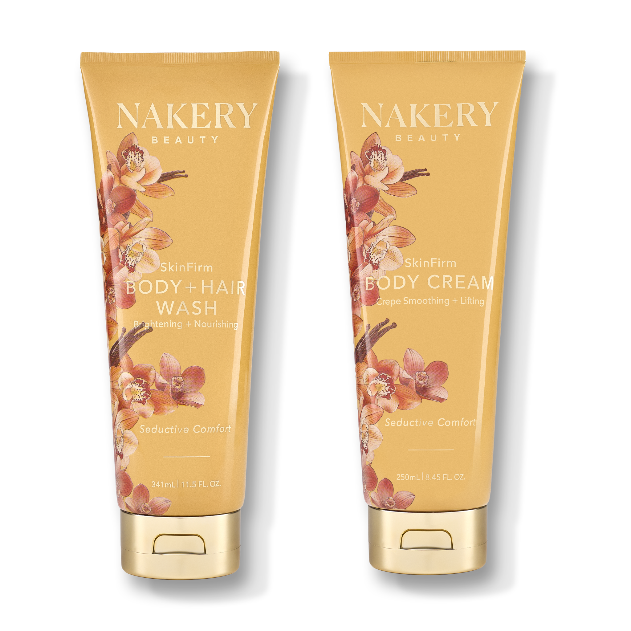 Two gold cosmetic tubes from NAKERY BEAUTY, shown side by side on a white background. The left tube is labeled &