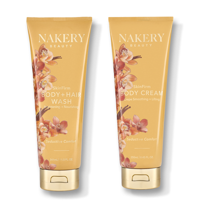 Two gold cosmetic tubes from NAKERY BEAUTY, shown side by side on a white background. The left tube is labeled &