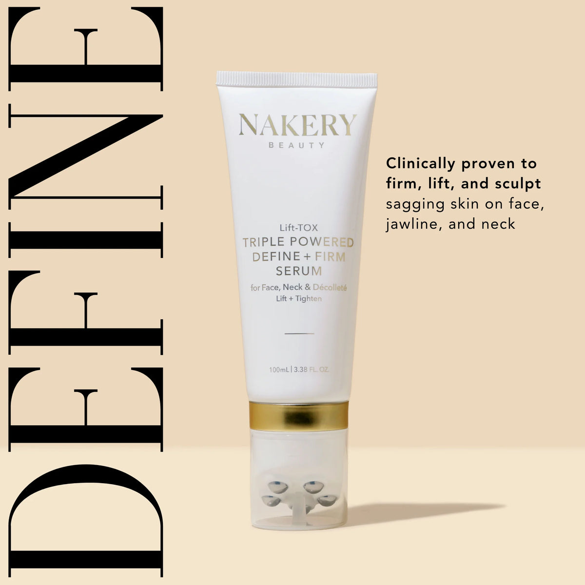 Nakery Beauty Lift-TOX Triple Powered Define + Firm Serum with built-in roller applicator, clinically proven to firm, lift, and sculpt sagging skin on the face, jawline, and neck.