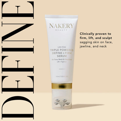 Nakery Beauty Lift-TOX Triple Powered Define + Firm Serum with built-in roller applicator, clinically proven to firm, lift, and sculpt sagging skin on the face, jawline, and neck.