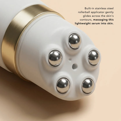 Close-up of the Nakery Lift-TOX serum’s built-in stainless steel rollerball applicator, designed to glide across facial contours while massaging the lightweight serum into skin.
