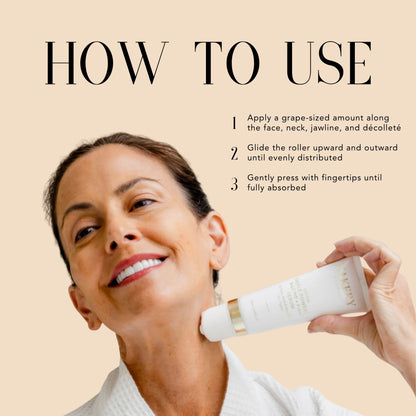 Woman applying Nakery Beauty Lift-TOX Triple Powered Define + Firm Serum along her neck using the built-in roller applicator, with step-by-step application instructions.