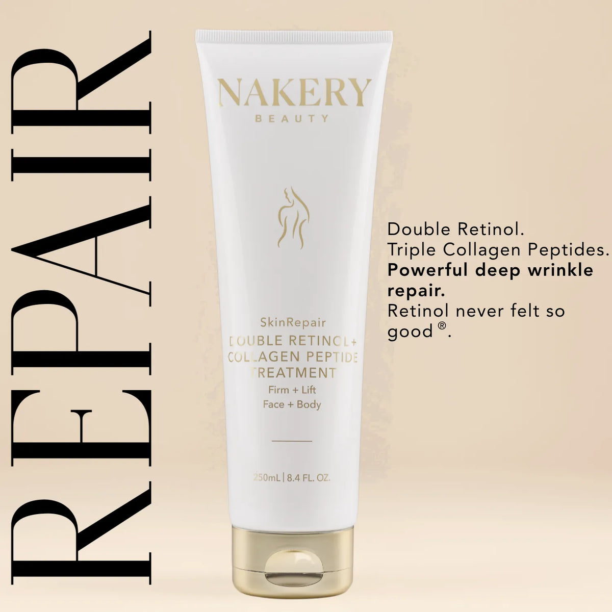 Nakery Beauty SkinRepair Double Retinol + Collagen Peptide Treatment for face and body, featuring double retinol and triple collagen peptides for firming and deep wrinkle care.