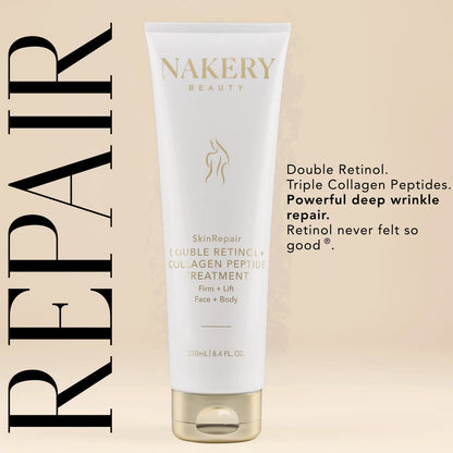 Nakery Beauty SkinRepair Double Retinol + Collagen Peptide Treatment for face and body, featuring double retinol and triple collagen peptides for firming and deep wrinkle care.