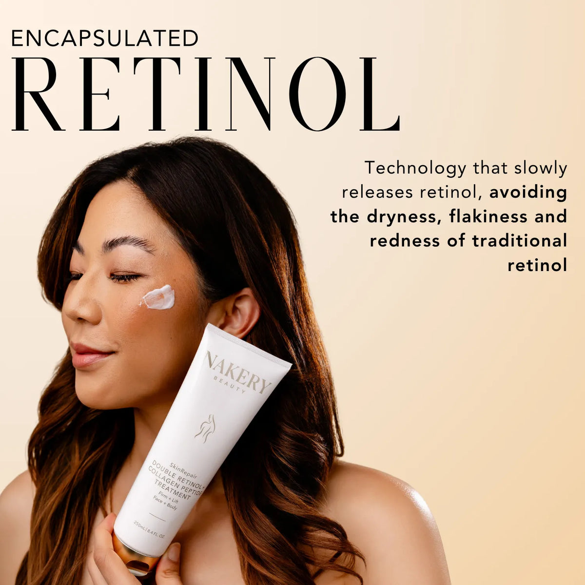 Woman applying Nakery Beauty Double Retinol + Collagen Peptide Treatment to her cheek, featuring slow-release encapsulated retinol designed to minimize dryness, flakiness, and redness.