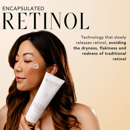 Woman applying Nakery Beauty Double Retinol + Collagen Peptide Treatment to her cheek, featuring slow-release encapsulated retinol designed to minimize dryness, flakiness, and redness.