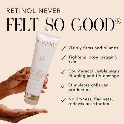 Hands dispensing Nakery Beauty Double Retinol + Collagen Peptide Treatment, highlighting benefits for firmer, plumper skin, sagging, visible signs of aging, collagen production, and gentle retinol care.