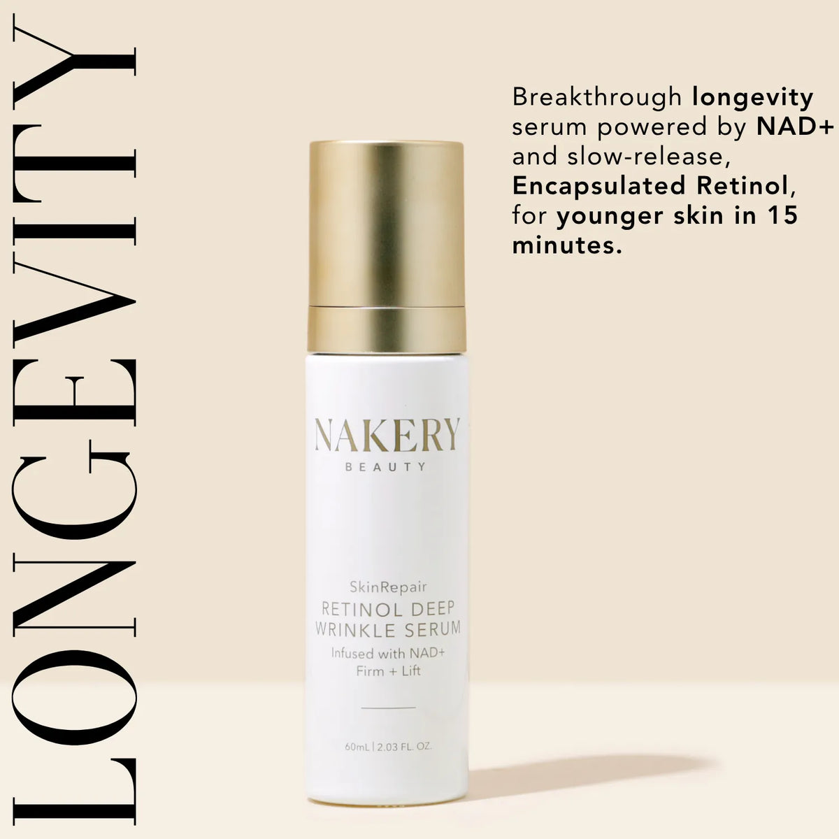 Nakery Beauty SkinRepair Retinol Deep Wrinkle Serum with NAD+ and encapsulated retinol, formulated to firm, lift, and support younger-looking skin.