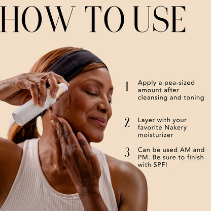 Woman applying Nakery Beauty Retinol Deep Wrinkle Serum to her face, with instructions to use a pea-sized amount, layer with moisturizer, and finish with SPF during daytime use.