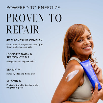 Woman holding Nakery Beauty Energize + Repair Body Cream, formulated with magnesium, NAD+, Sepilift, and vitamin C to energize, firm, and brighten skin.