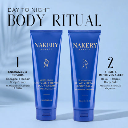 Nakery Beauty Energize + Repair Body Cream and Relax + Repair Body Balm displayed together as a day-to-night body care ritual.