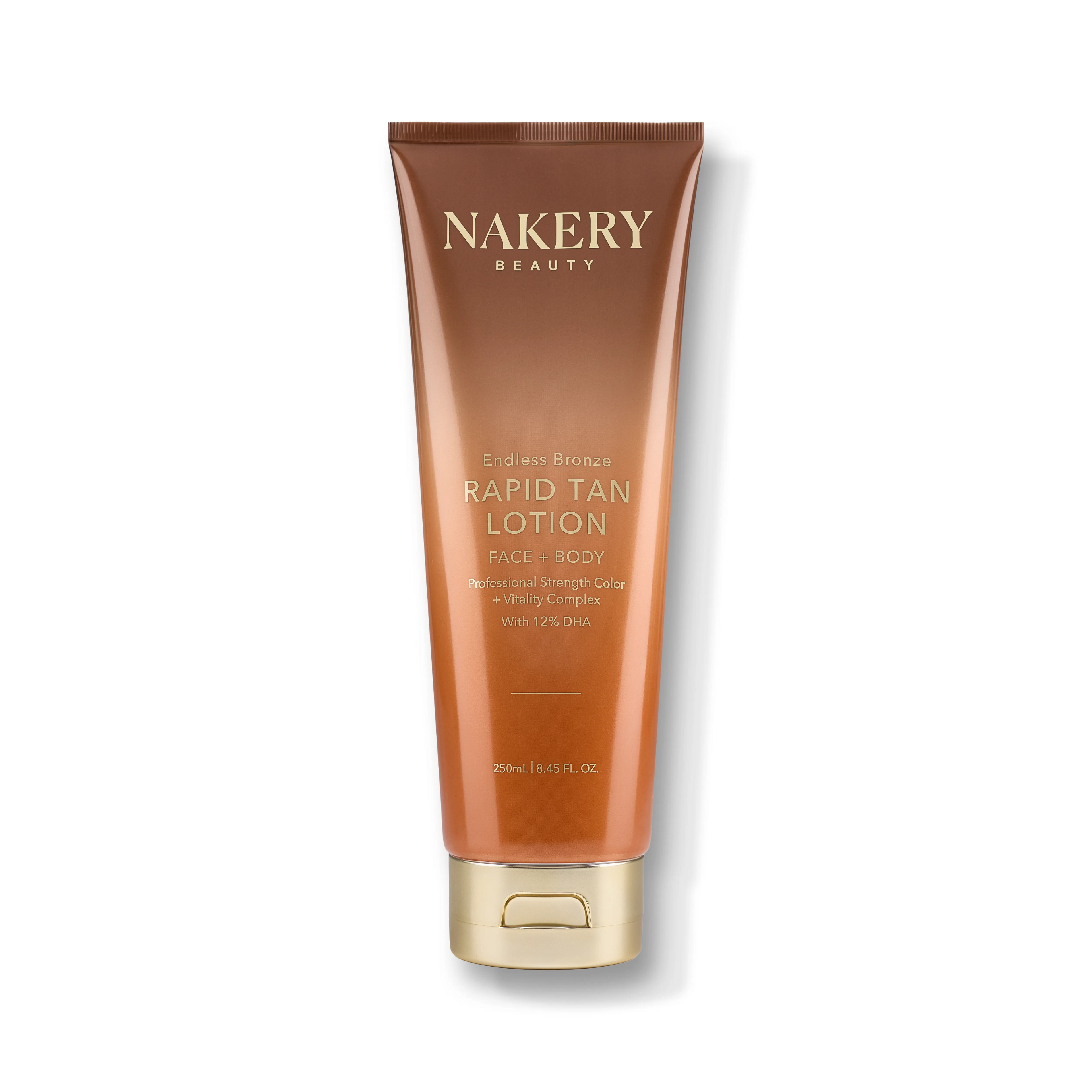 A tube of NAKERY BEAUTY Endless Bronze Rapid Tan Lotion, featuring a warm bronze-brown gradient tube with a metallic gold cap, set against a clean white background.